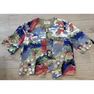 Antonette Sport Vintage Teddy Bear Beach Novelty Print Button Up Shirt Womens 14